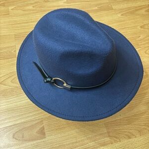 Wide Brim Vintage Fedora Hat w Belt navy blue Woolen Lightweight Panama Jazz Hat